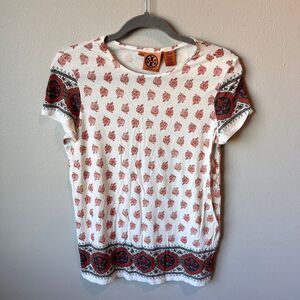 Tory Burch Printed Crew Neck White Pattern T-Shirt Women’s XS *FLAW*